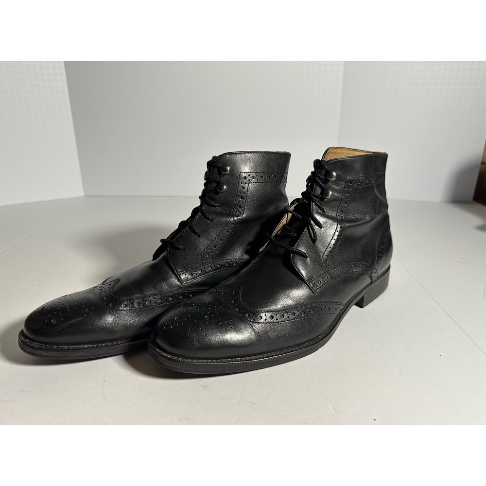 Johnston & Murphy Mens Black Leather Wingtip Brogue Lace Up Boots Size 10